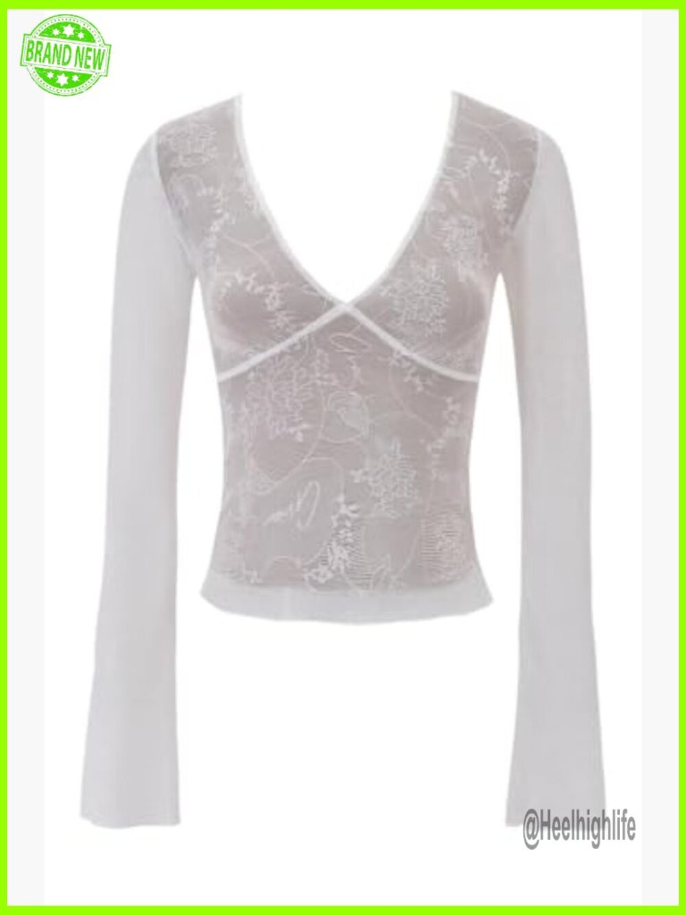 Long Sleeve Crop Top Butterfly Lace V-Neck Sheer Ethereal Blouse - Picture 6 of 7